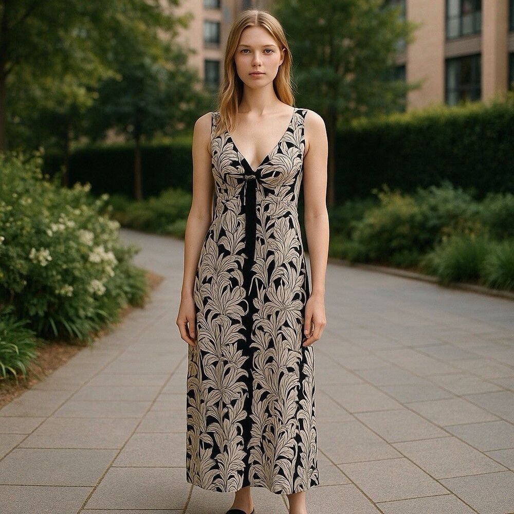 London Times Size 8 Maxi Dress Black White Sleeveless Floral Jersey Stretch